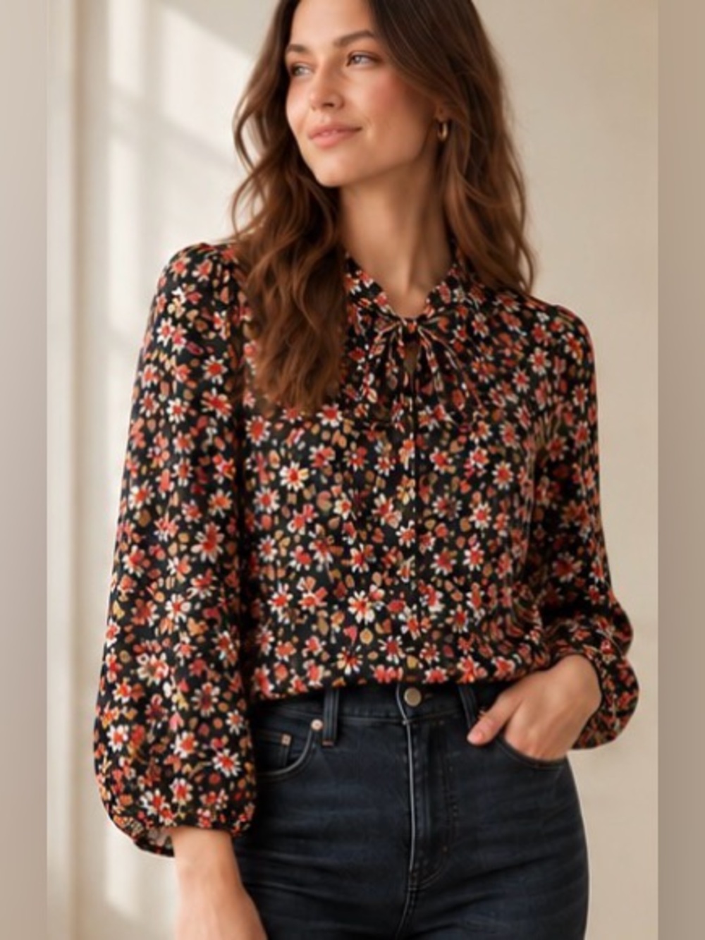 LOFT Black Floral Tie Neck Long Sleeve Blouse XS Fall